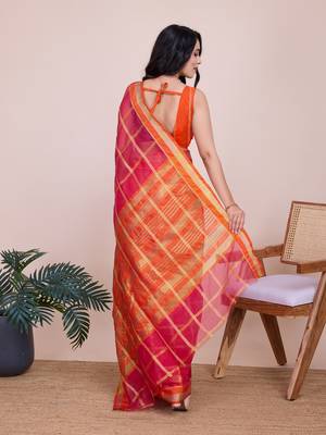 Pink woven checkered striped cotton silk kota doria saree with blouse 4