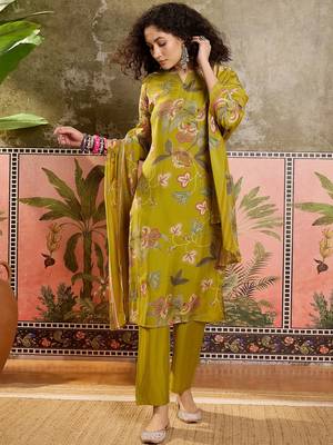 Mustard printed kurta with trousers & dupatta set 1