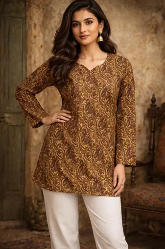 Yellow printed short kurti top for women