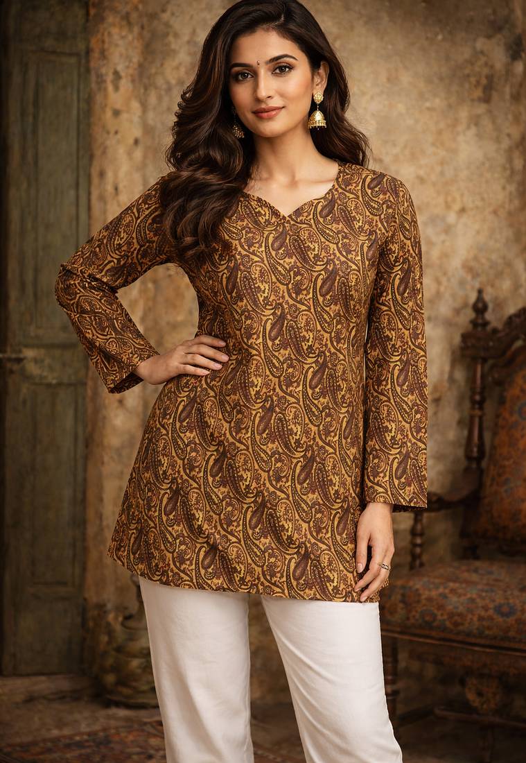 Yellow printed short kurti top for women