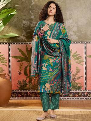 Teal blue printed kurta with trousers & dupatta set 1