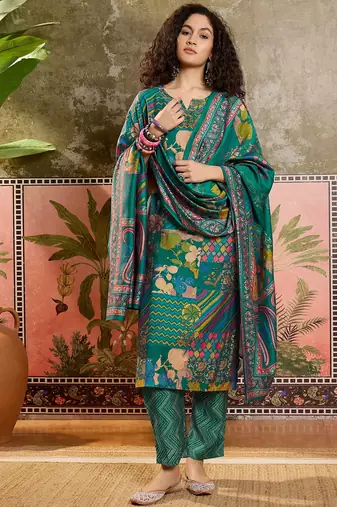 Teal blue printed kurta with trousers & dupatta set