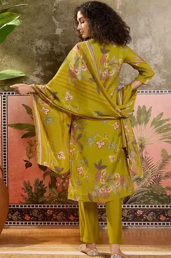 Mustard printed kurta with trousers & dupatta set