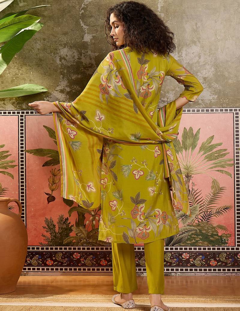 Mustard printed kurta with trousers & dupatta set