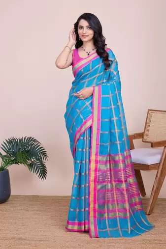 Sky blue woven checkered striped cotton silk kota doria saree with blouse
