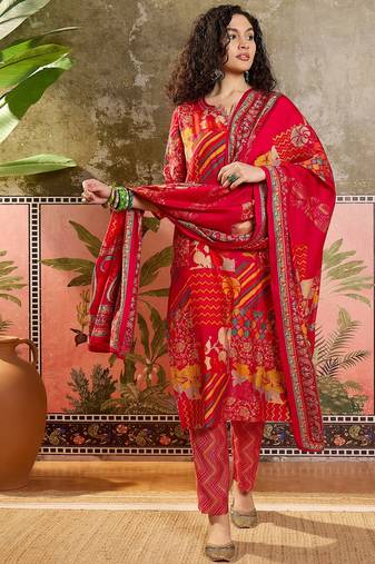 Rani printed kurta with trousers & dupatta set