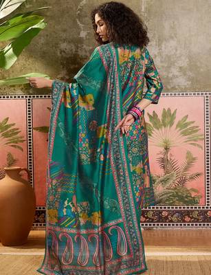 Teal blue printed kurta with trousers & dupatta set 2