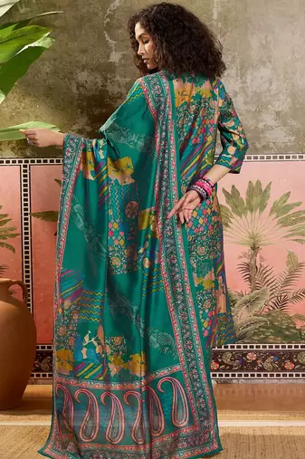 Teal blue printed kurta with trousers & dupatta set
