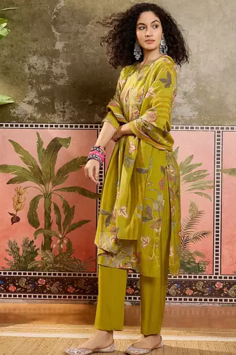 Mustard printed kurta with trousers & dupatta set
