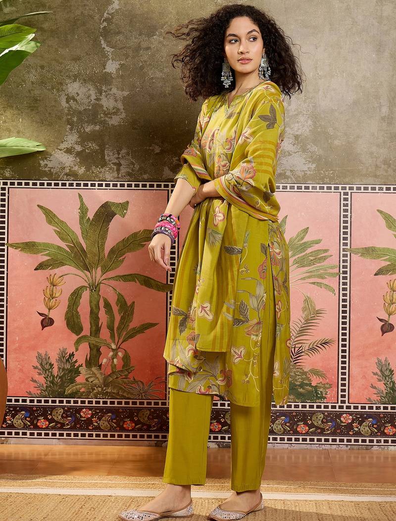 Mustard printed kurta with trousers & dupatta set