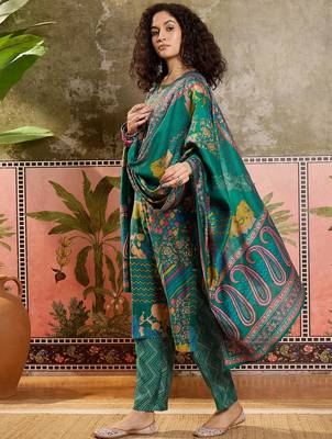 Teal blue printed kurta with trousers & dupatta set 3