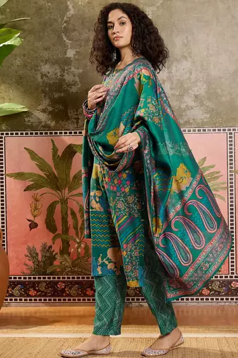 Teal blue printed kurta with trousers & dupatta set