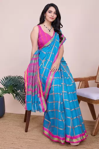 Sky blue woven checkered striped cotton silk kota doria saree with blouse