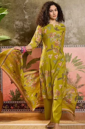 Mustard printed kurta with trousers & dupatta set