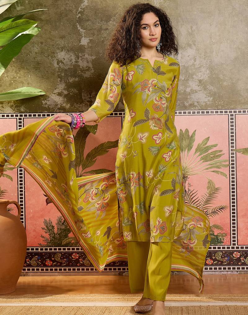 Mustard printed kurta with trousers & dupatta set