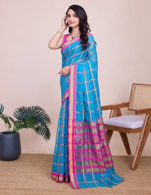 Sky blue woven checkered striped cotton silk kota doria saree with blouse 3