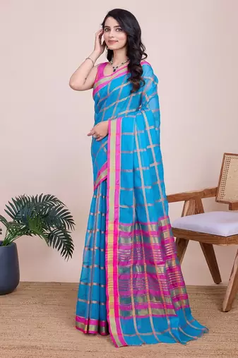 Sky blue woven checkered striped cotton silk kota doria saree with blouse
