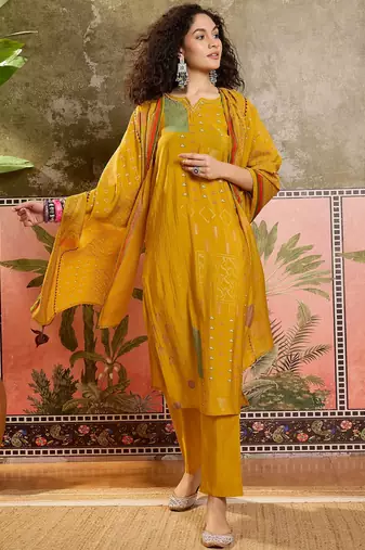 Mustard printed kurta with trousers & dupatta set