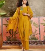 Mustard printed kurta with trousers & dupatta set