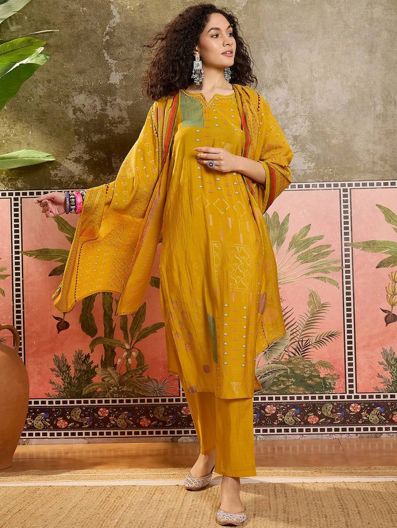 Mustard printed kurta with trousers & dupatta set