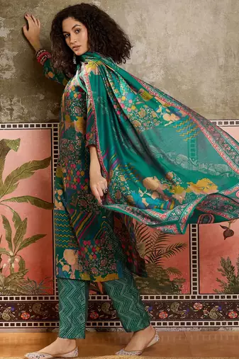 Teal blue printed kurta with trousers & dupatta set