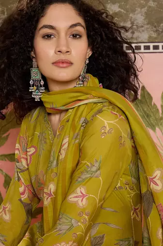 Mustard printed kurta with trousers & dupatta set