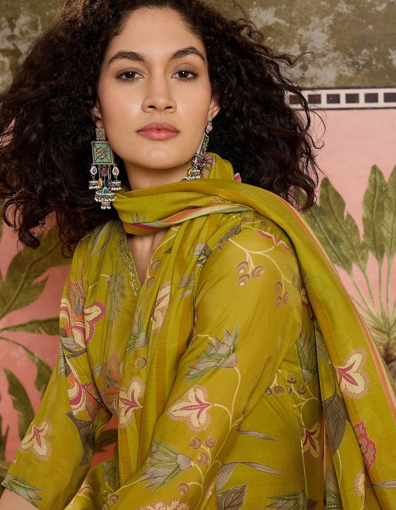 Mustard printed kurta with trousers & dupatta set