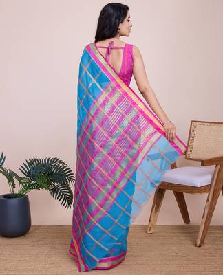 Sky blue woven checkered striped cotton silk kota doria saree with blouse 4