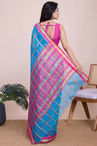 Sky blue woven checkered striped cotton silk kota doria saree with blouse