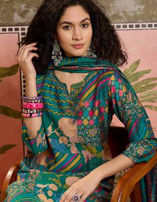 Teal blue printed kurta with trousers & dupatta set 5
