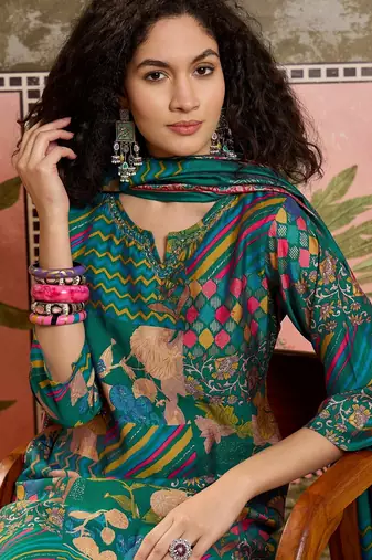 Teal blue printed kurta with trousers & dupatta set