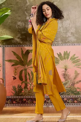 Mustard printed kurta with trousers & dupatta set