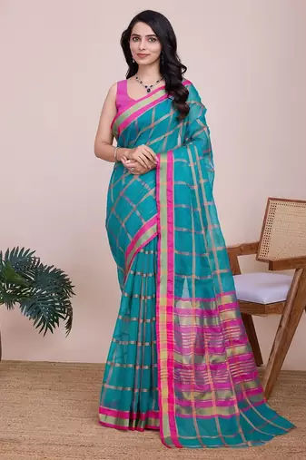 Teal blue woven checkered striped cotton silk kota doria saree with blouse