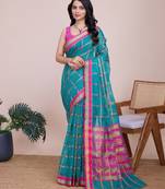 Teal blue woven checkered striped cotton silk kota doria saree with blouse