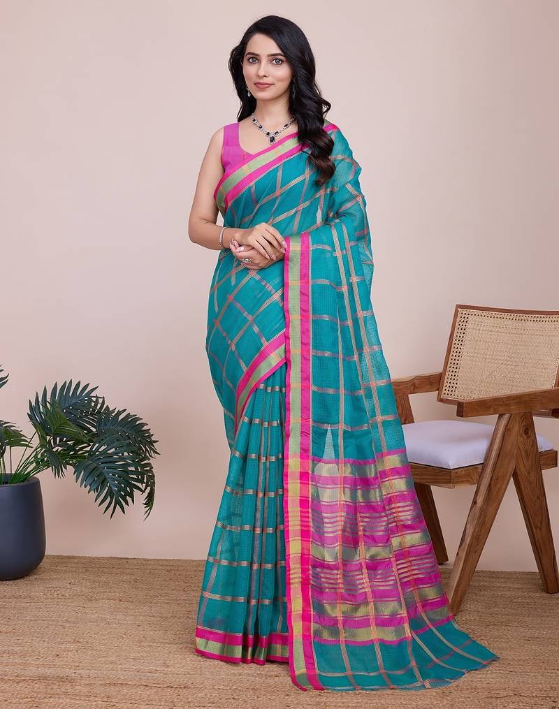 Teal blue woven checkered striped cotton silk kota doria saree with blouse