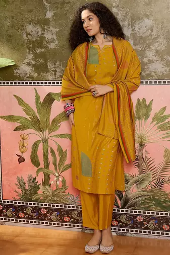 Mustard printed kurta with trousers & dupatta set