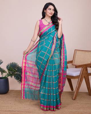 Teal blue woven checkered striped cotton silk kota doria saree with blouse 2