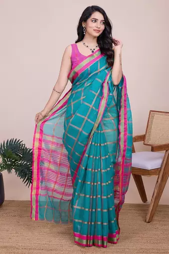 Teal blue woven checkered striped cotton silk kota doria saree with blouse