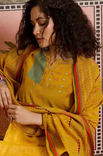 Mustard printed kurta with trousers & dupatta set