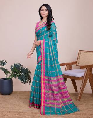 Teal blue woven checkered striped cotton silk kota doria saree with blouse 3