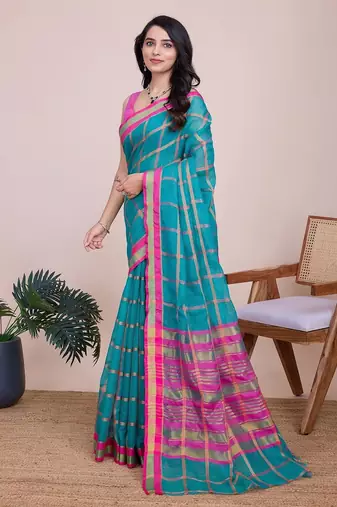 Teal blue woven checkered striped cotton silk kota doria saree with blouse