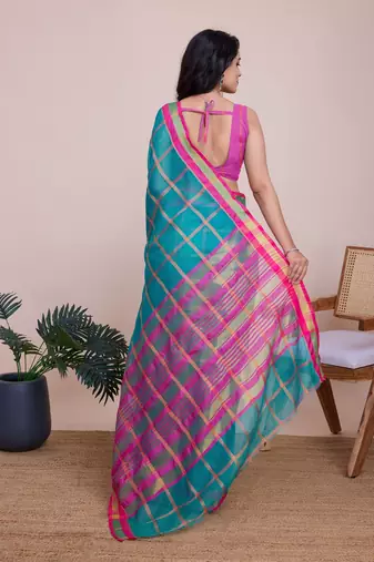 Teal blue woven checkered striped cotton silk kota doria saree with blouse