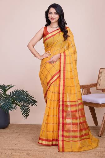 Yellow woven checkered striped cotton silk kota doria saree with blouse