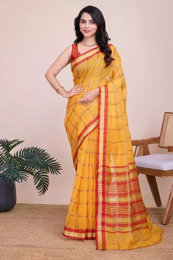 Yellow woven checkered striped cotton silk kota doria saree with blouse