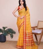 Yellow woven checkered striped cotton silk kota doria saree with blouse