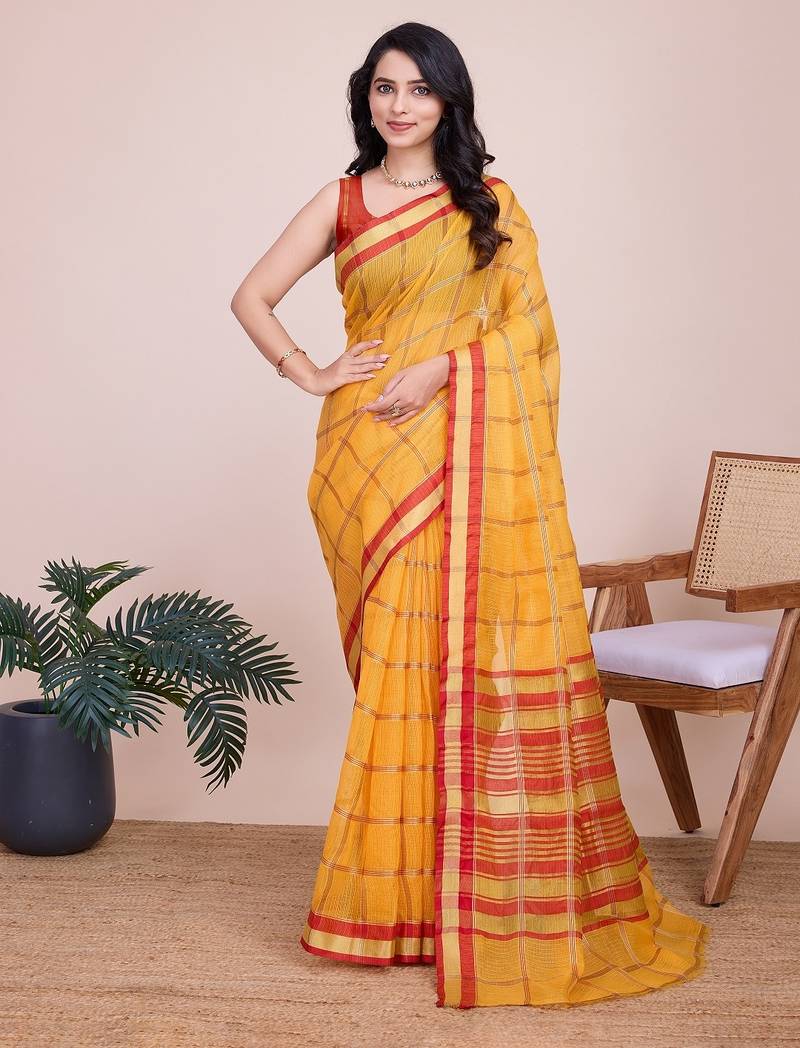 Yellow woven checkered striped cotton silk kota doria saree with blouse