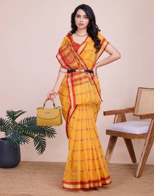 Yellow woven checkered striped cotton silk kota doria saree with blouse 2