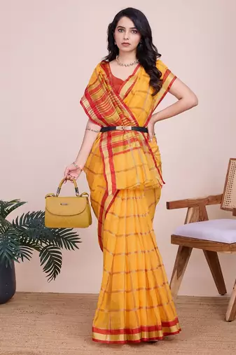 Yellow woven checkered striped cotton silk kota doria saree with blouse