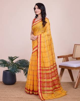 Yellow woven checkered striped cotton silk kota doria saree with blouse 3
