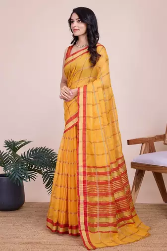 Yellow woven checkered striped cotton silk kota doria saree with blouse